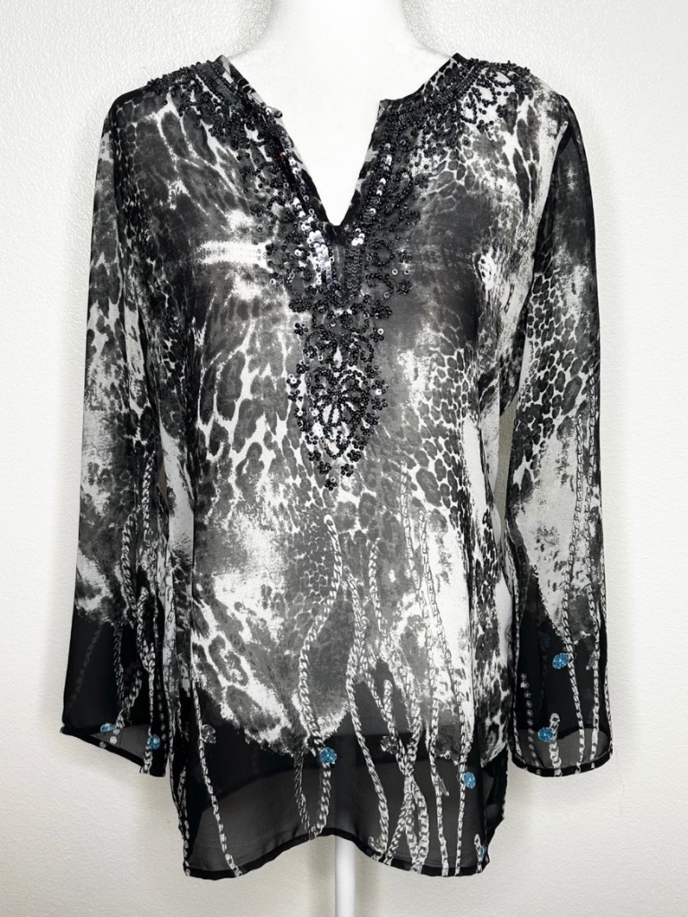 Saks Fifth Avenue Black Label Womens Sheer Animal Print Sequins Tunic Top Size S